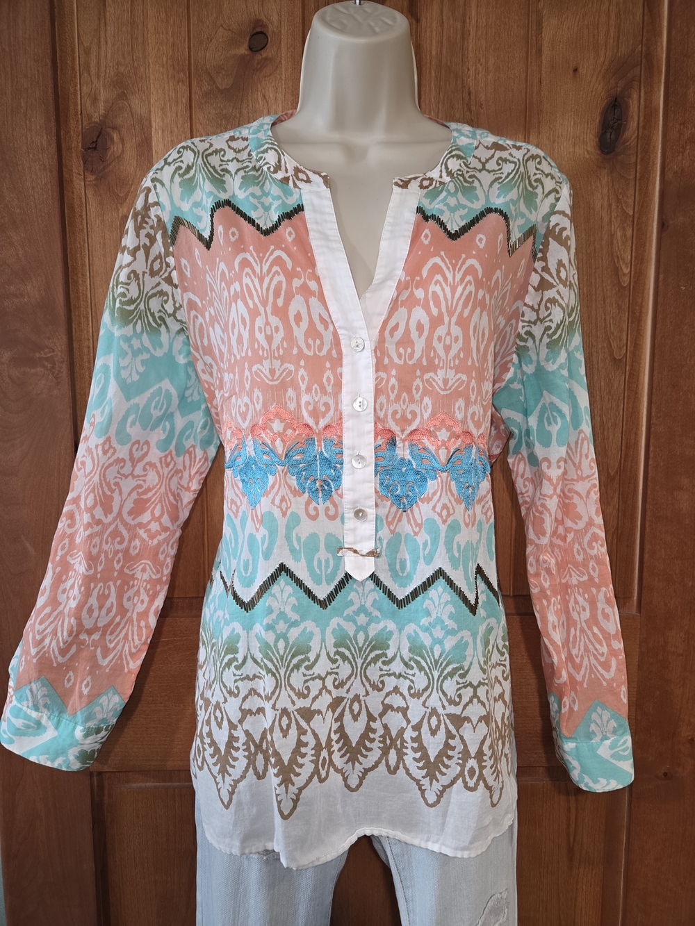 Chico's Coral, Turquoise & White Printed Tunic
